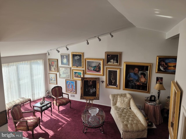 sitting room with carpet floors, rail lighting, and vaulted ceiling