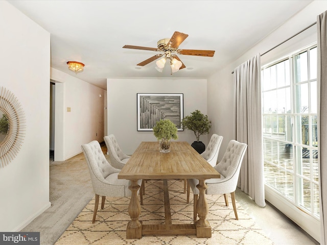 carpeted dining space featuring a wealth of natural light and ceiling fan