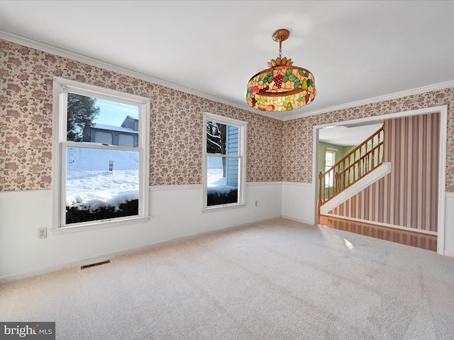 empty room featuring carpet and ornamental molding