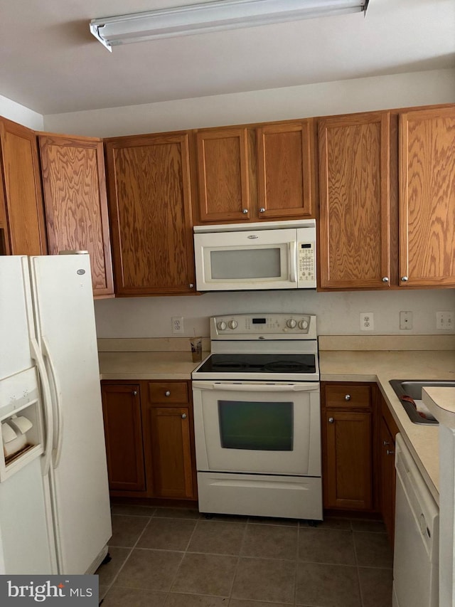 kitchen featuring white appliances, dark tile patterned flooring, and sink