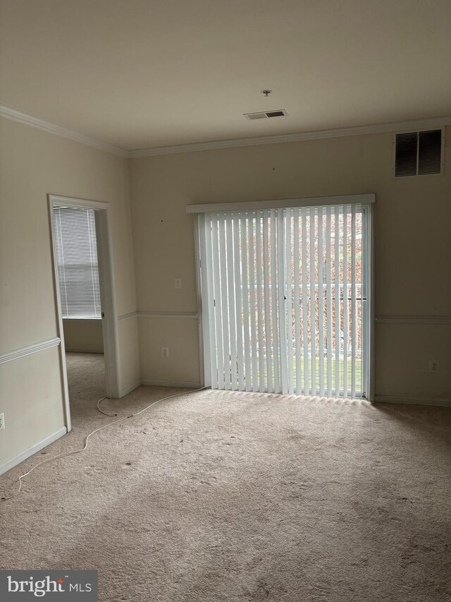 carpeted empty room with ornamental molding
