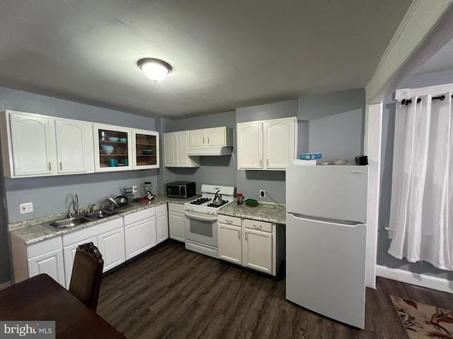 kitchen featuring sink, light stone countertops, white appliances, white cabinets, and dark hardwood / wood-style flooring