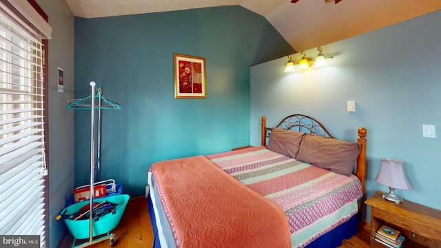 bedroom featuring wood-type flooring and vaulted ceiling