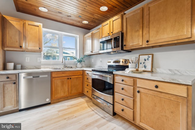 kitchen with appliances with stainless steel finishes, sink, light hardwood / wood-style floors, and wood ceiling