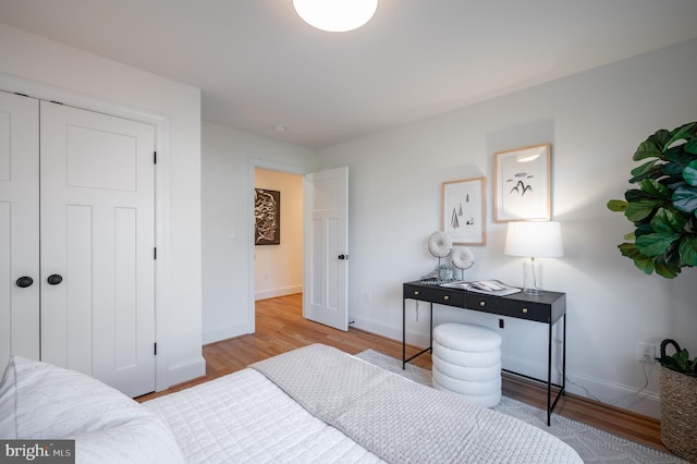 bedroom featuring a closet and light wood-type flooring