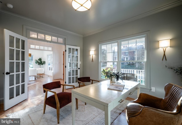 office featuring crown molding, light hardwood / wood-style flooring, and french doors