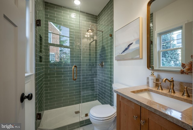 bathroom with vanity, toilet, and a shower with shower door