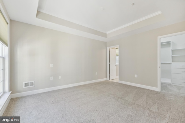 unfurnished bedroom featuring a tray ceiling, a spacious closet, and light colored carpet