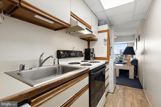 kitchen featuring white cabinets, a paneled ceiling, sink, exhaust hood, and white electric stove