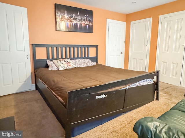 carpeted bedroom featuring multiple closets