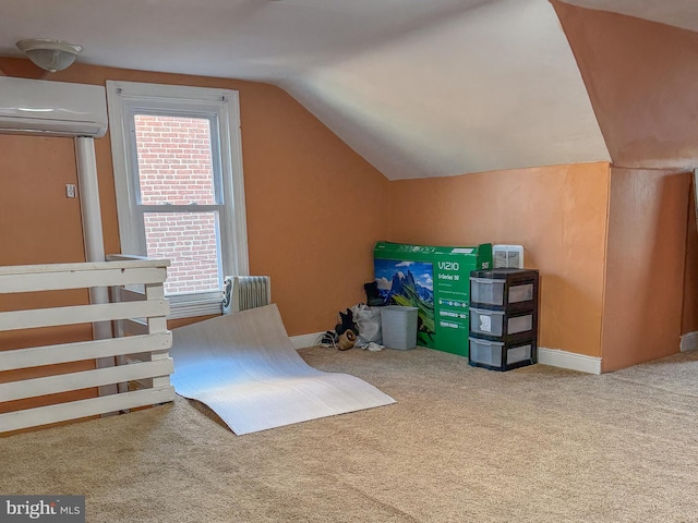 bonus room with a wall mounted AC, plenty of natural light, lofted ceiling, and carpet floors