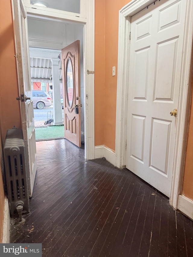 hall featuring dark wood-type flooring and radiator