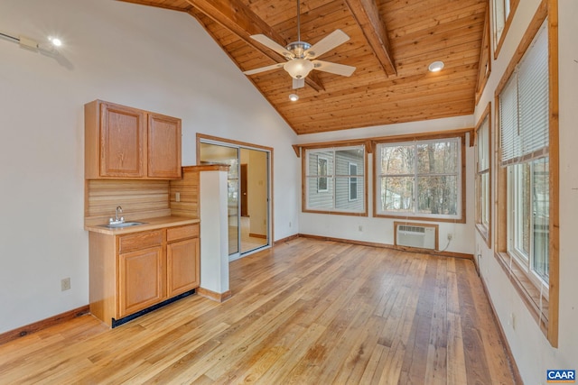 kitchen with wooden ceiling, light hardwood / wood-style floors, beamed ceiling, a wall unit AC, and ceiling fan