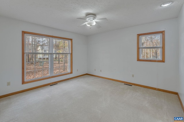 carpeted spare room with a textured ceiling, ceiling fan, and plenty of natural light