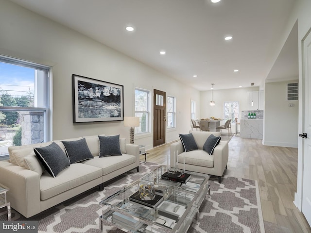 living room with plenty of natural light and light hardwood / wood-style floors