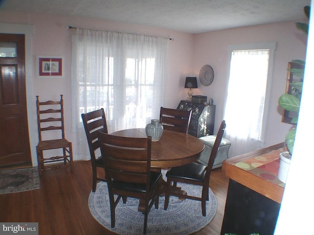 dining space featuring a textured ceiling, plenty of natural light, and dark hardwood / wood-style floors