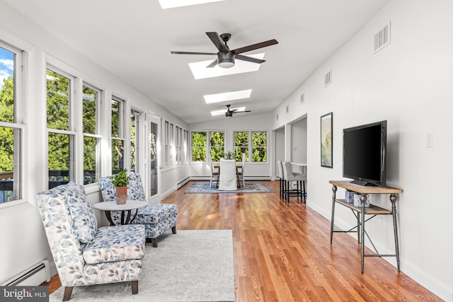 sunroom with baseboard heating, ceiling fan, and lofted ceiling with skylight