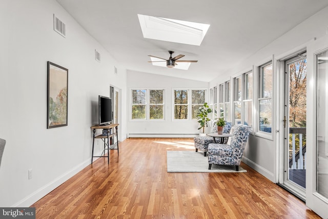 sunroom featuring a baseboard radiator, a wealth of natural light, ceiling fan, and lofted ceiling with skylight