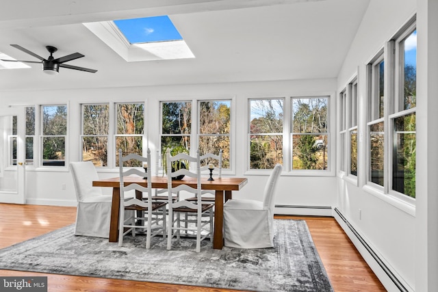 sunroom featuring ceiling fan, a healthy amount of sunlight, a baseboard radiator, and a skylight