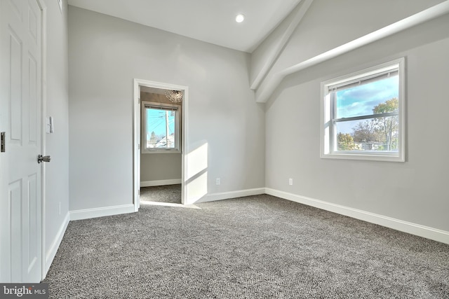 additional living space with carpet flooring, plenty of natural light, and lofted ceiling