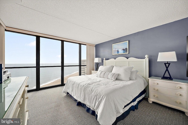 carpeted bedroom with multiple windows, a water view, floor to ceiling windows, and a textured ceiling