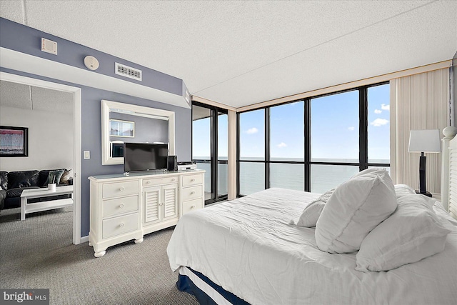 carpeted bedroom featuring expansive windows and a textured ceiling