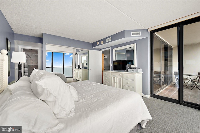 bedroom featuring access to exterior, a textured ceiling, and light carpet