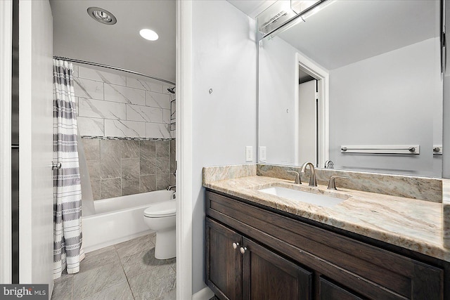 full bathroom with tile patterned floors, vanity, shower / bath combination with curtain, and toilet