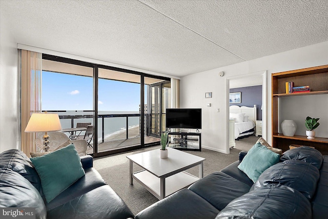 living room featuring expansive windows, a textured ceiling, carpet flooring, and plenty of natural light