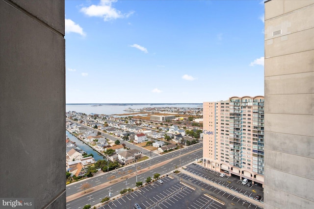 exterior space with a water view