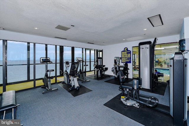 gym with a water view and a textured ceiling