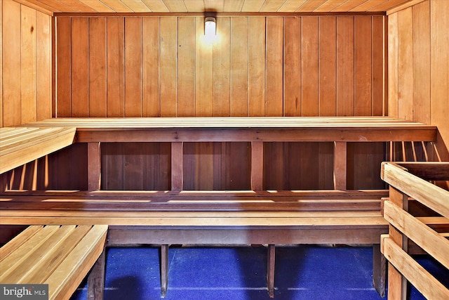 view of sauna / steam room with wooden walls