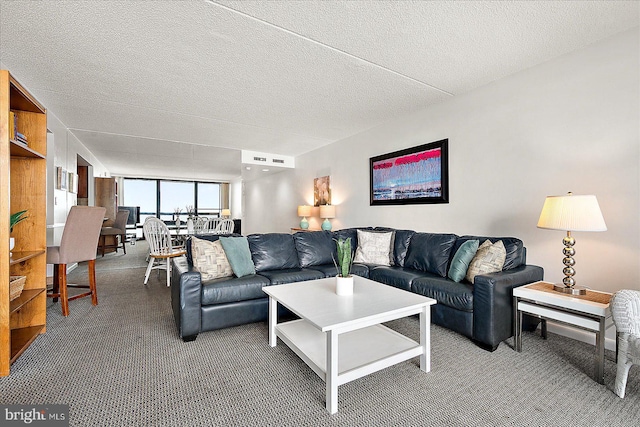 carpeted living room with a textured ceiling