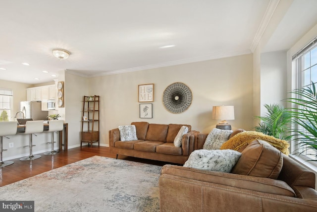 living room with dark wood-type flooring and ornamental molding