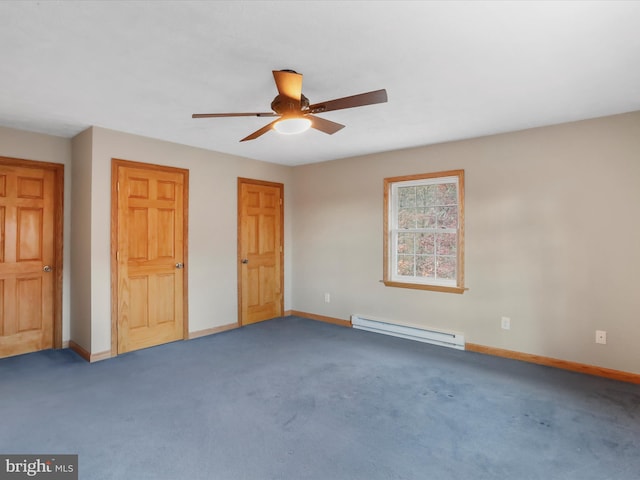 unfurnished bedroom featuring dark colored carpet, a baseboard radiator, and ceiling fan