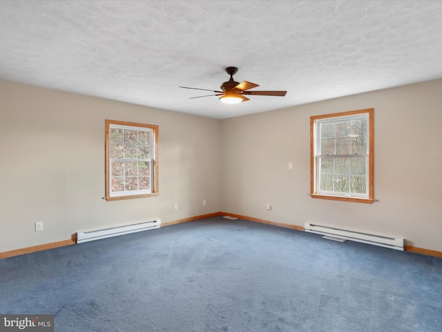 carpeted spare room with a textured ceiling, a baseboard radiator, and ceiling fan