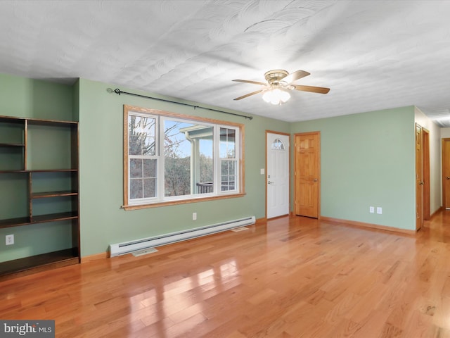 unfurnished living room with ceiling fan, light hardwood / wood-style flooring, and a baseboard radiator