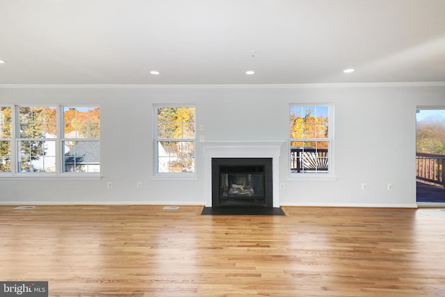 unfurnished living room with a healthy amount of sunlight and light wood-type flooring