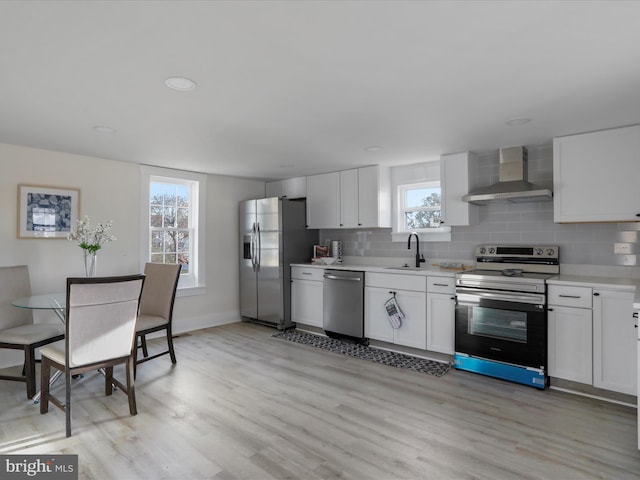 kitchen featuring appliances with stainless steel finishes, wall chimney range hood, tasteful backsplash, and white cabinetry