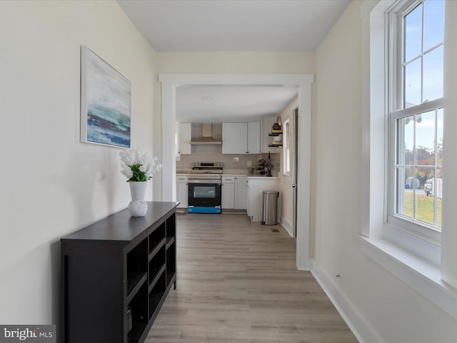 hallway with light hardwood / wood-style floors