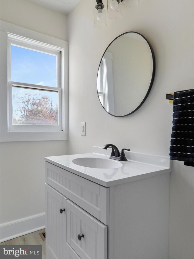 bathroom with wood-type flooring and vanity