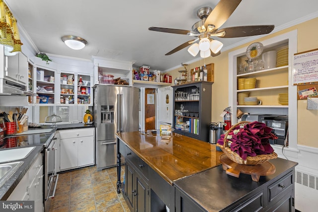 kitchen featuring ceiling fan, radiator heating unit, stainless steel appliances, white cabinets, and ornamental molding