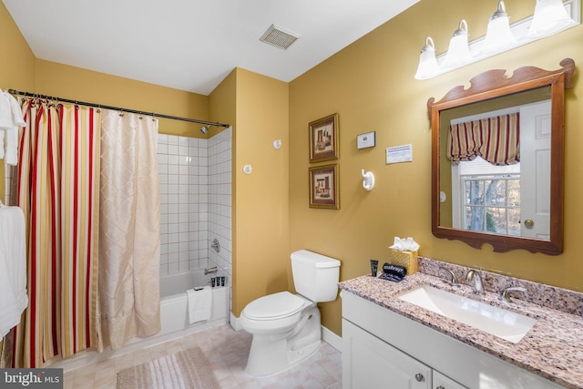 full bathroom featuring tile patterned flooring, vanity, toilet, and shower / bathtub combination with curtain