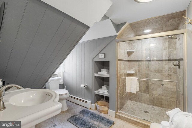 1324 River Rd, New Hope, PA 18938 - full bathroom with a baseboard radiator, toilet, a shower stall, and a sink