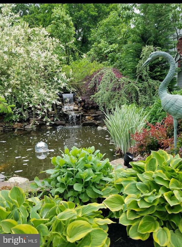 view of property's community featuring a garden pond