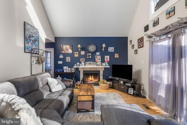 living room with wood-type flooring and high vaulted ceiling