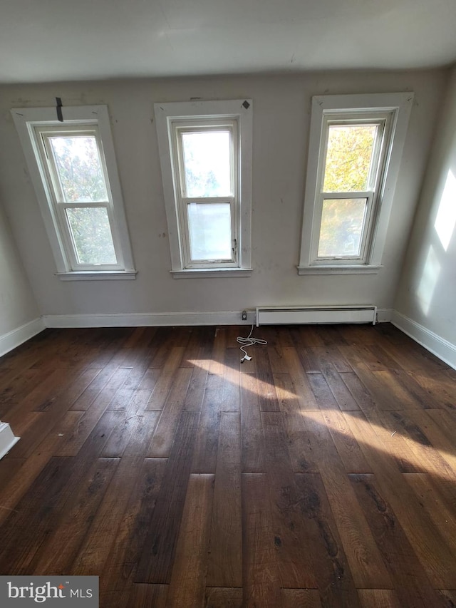 interior space with a baseboard radiator, dark wood-type flooring, and a healthy amount of sunlight