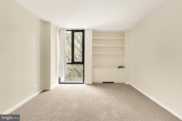 carpeted spare room featuring built in shelves and a textured ceiling