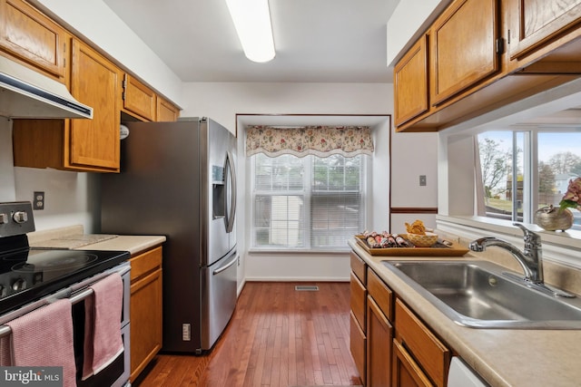 kitchen featuring a wealth of natural light, dark hardwood / wood-style floors, sink, and appliances with stainless steel finishes