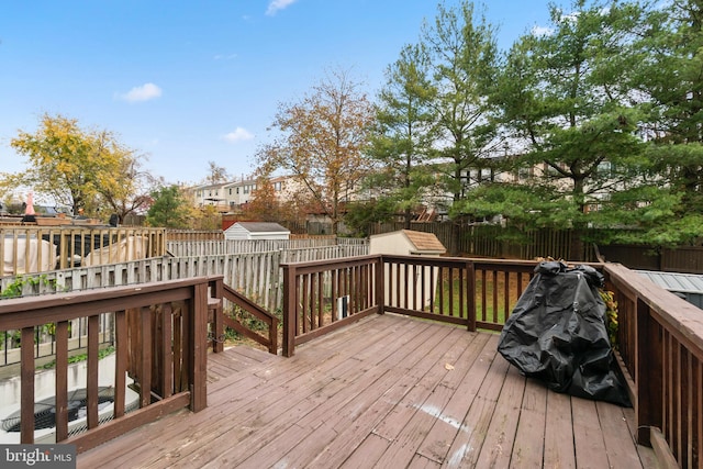 wooden terrace featuring a storage shed